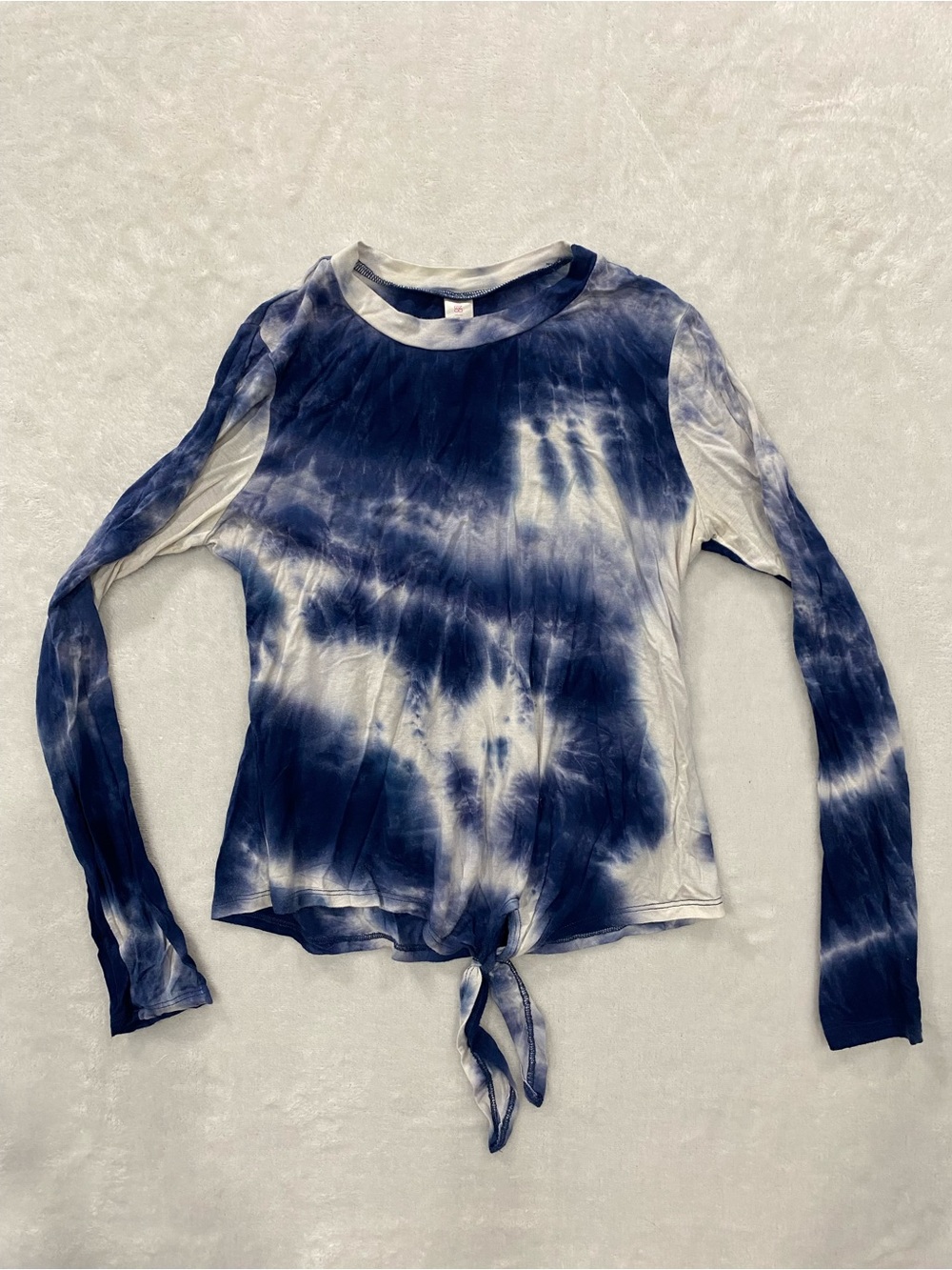 No Boundaries Navy and White Tie-Dye Long Sleeve Tie-Front Top - (S)
